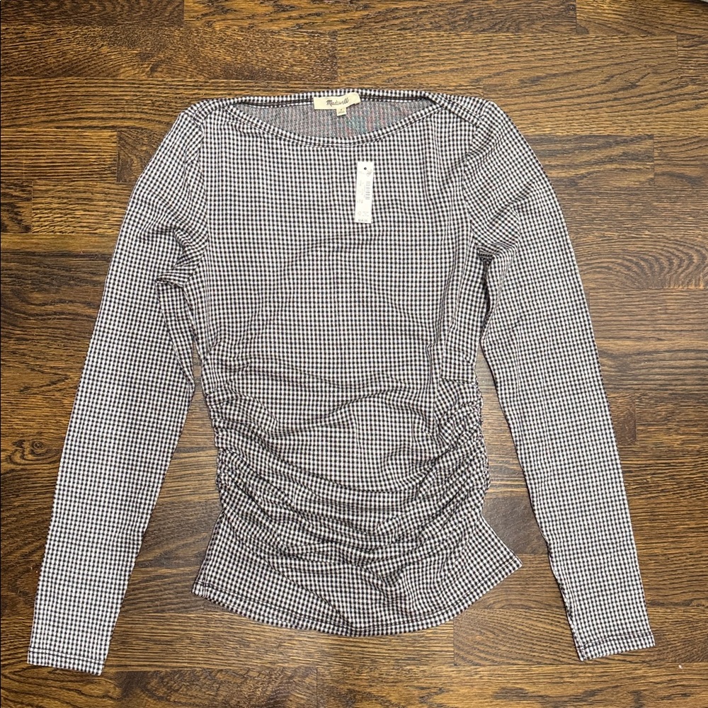 Madewell Ruched Crewneck Long-Sleeve Tee in Check Jacquard in Molasses, Size: S - Picture 4 of 7